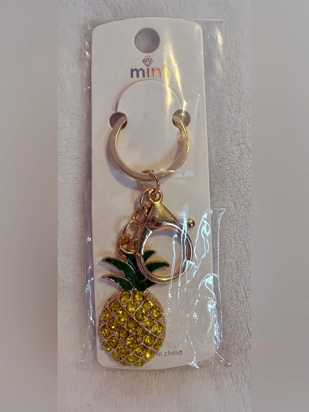 mint Gold Tone Pineapple Keychain with Yellow Crystal Accent
